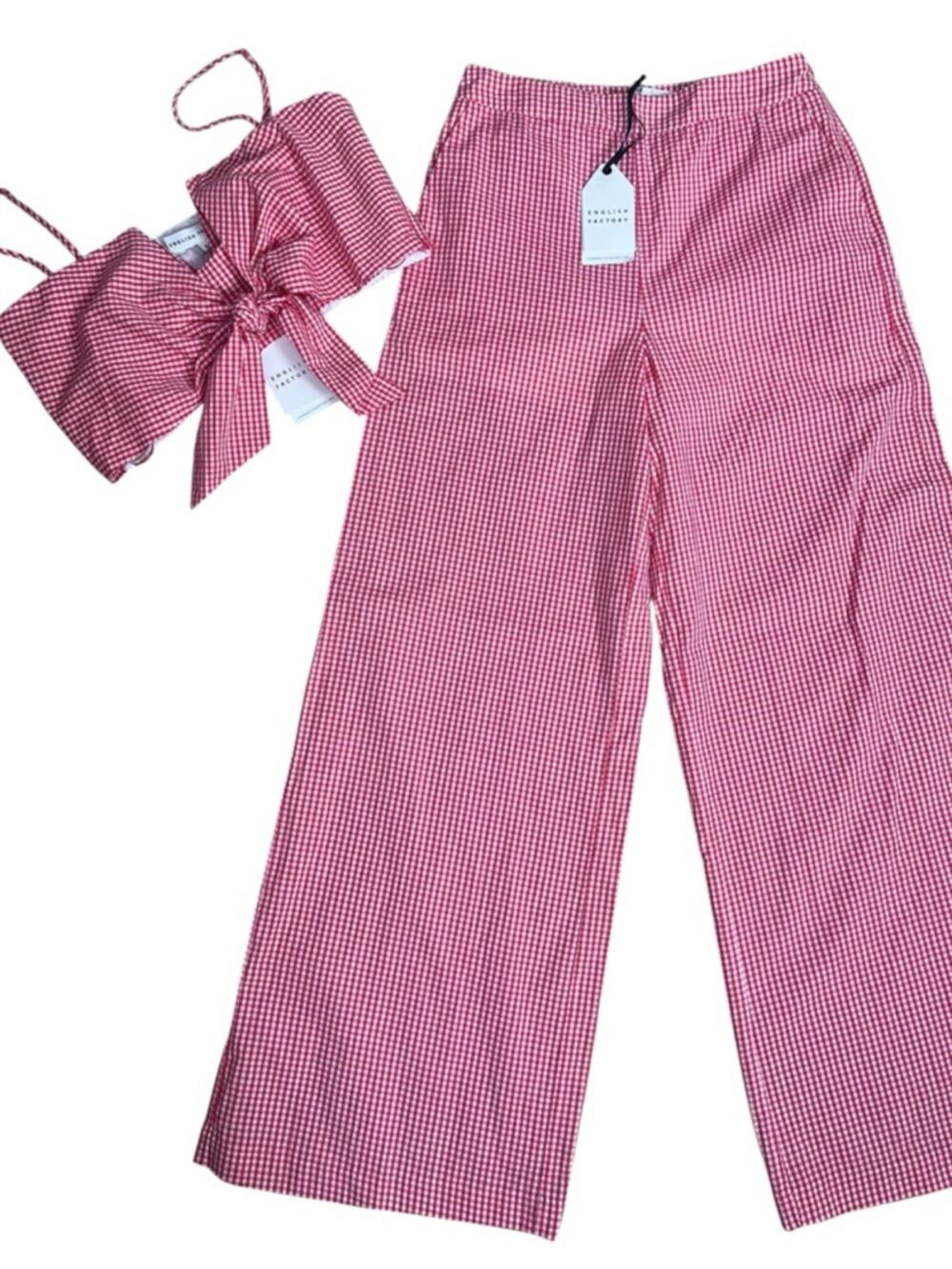 English Factory Red White Check Gingham Set Size Small Wide leg Crop Top NWT